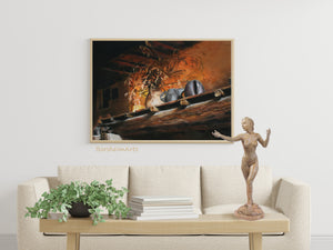 Bronze figure sculpture enhances this living room scene as she stands on the coffee table.  On the wall behind her, is a pastel drawing print of Fiesole Still Life, a hand-drawn painting of orange lit hearth area, a cozy image.