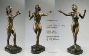 Ferric Patina Little Mermaid Potion Made Legs of a Tail with added bonus of Lovely Movements, but pain for her with each step, traditional bronze patina. shown here three views of dancing nude woman art sculpture