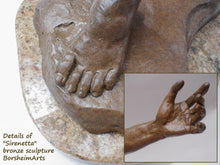 Load image into Gallery viewer, small bronze statue details of the dancing woman&#39;s foot, and an insert to show you close-up on one hand with delicately posed fingers.  You may also see the granite piece, on the patina called Brown Granite-like texture. 
