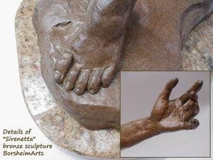 small bronze statue details of the dancing woman's foot, and an insert to show you close-up on one hand with delicately posed fingers.  You may also see the granite piece, on the patina called Brown Granite-like texture. 