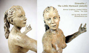 Details of Different Views of the Face of the Dancing female bronze figure, Tan Patina - Little Mermaid Bronze Statue of Nude Woman Standing Dancing Arm Outstretched