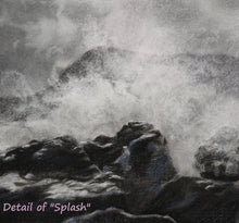 Laden Sie das Bild in den Galerie-Viewer, Detail of charcoal drawing of sea waves crashing up on dark rocks that have a wee splash of blue in the shadows.  amazing detail of the crashing water in this originat artwork inspired by Vernazza in the Cinque Terre, Italy

