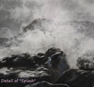 Detail of charcoal drawing of sea waves crashing up on dark rocks that have a wee splash of blue in the shadows.  amazing detail of the crashing water in this originat artwork inspired by Vernazza in the Cinque Terre, Italy