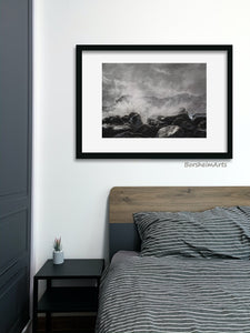 Shown here is the charcoal and pastel drawing Splash, inspired by the Cinque Terre in Italy, framed with a wide white mat and thin black line frame.  The art is hung in a man's bedroom.