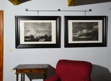 Load image into Gallery viewer, Savings if you buy BOTH Cinque Terre coastal sea drawings Spotlight original charcoal drawing Black and White Dramatic Storm Clouds Sun Rays Seascape Art Print Cinque Terre Italy Drawing
