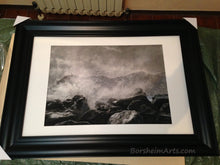 Laden Sie das Bild in den Galerie-Viewer, Shown here with mat and wide, lightweight black plastic frame, is the original drawing Splash original charcoal drawing framed art Crashing waves Cinque Terre Italy large black n white artwork Seascape rocks sea beach house art 

