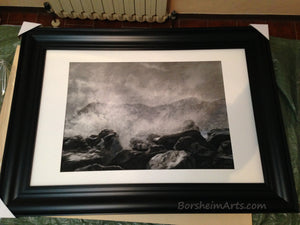 Shown here with mat and wide, lightweight black plastic frame, is the original drawing Splash original charcoal drawing framed art Crashing waves Cinque Terre Italy large black n white artwork Seascape rocks sea beach house art 