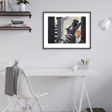 Load image into Gallery viewer, Prints available for smaller sizes such as home offices of Loft apartment looks warm and cozy, as well as intriguing with two portraits of women lost in thought art  &quot;Spotted&quot; Leopard with Woman illustration print Spotted big cat large wall art charcoal pastel drawing safari animal empowered women gift room decor
