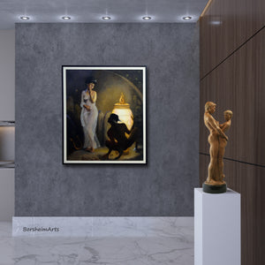Bronze figure sculpture of embracing couple with the woman turning her head away from him.  On white pedestal in a modern minimalist room.  On the grey wall behind the original limited edition bronze statue is a painting, also by artist Kelly Borsheim, hanging that depicts The Curiosity of Pandora, an artist self-portrait with Greek God Hermes with the "jar." 