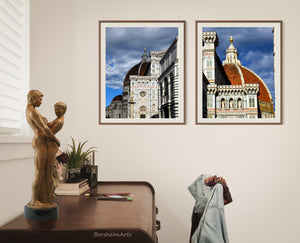 Bronze couple sculpture graces this home office, shown with digital download photographs of the Duomo (Cathedral) in Florence, Italy, all by artist Kelly Borsheim