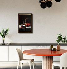 Load image into Gallery viewer, Turkish Light is a lovely classical still life painting to grace this dining room with orange and black decor.
