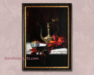 Showing the frame of a dark distressed wood with the inner lining painted gold.  really accents this still life painting of a red and orange and black scarf falling off of a white marble slab.  A small colored glass candle holder that the artist bought in Istanbul, Turkey, and a metal exotic container found in an antique market in Italy, but possibly Persian or Moroccan in origin.