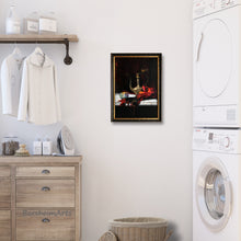 Cargar imagen en el visor de la galería, this dark still life painting with classic color combination of white black and red looks great in a mostly light-filled and neutral colored room.
