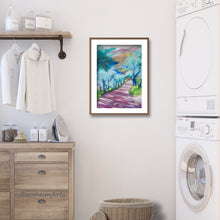Load image into Gallery viewer, Another example is to frame with white mat and thin wood frame, shown here in an elegant laundry room.  art by Kelly Borsheim of country road in Tuscany, Italy
