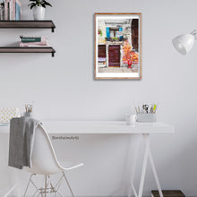 Laden Sie das Bild in den Galerie-Viewer, Vertical framed pastel painting of laundry hanging over an Italian balcony in Venice / Venezia. Shown here framed on a wall in a grey decorated home office decor.
