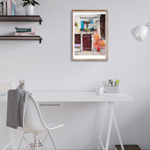 Vertical framed pastel painting of laundry hanging over an Italian balcony in Venice / Venezia. Shown here framed on a wall in a grey decorated home office decor.