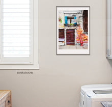 Load image into Gallery viewer, Hanging laundry from a Venetian home in Italy looks great hung as laundry room decor in any home!  Shown here with white mat and vertical black frame.

