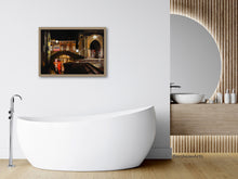 Load image into Gallery viewer, original oil painting Venezia Fish Market at Night by K. Borsheim shown here in mockup of elegant modern bathroom with white tub and neutral decor
