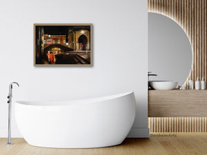 original oil painting Venezia Fish Market at Night by K. Borsheim shown here in mockup of elegant modern bathroom with white tub and neutral decor