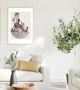 Add a work of eclectic art and design Venice Shoe, a fantasy shoe as a gondola.  This drawing is full of symbols of Venezia and adds a special look to this Italian style living room decor.