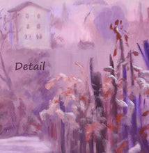 Load image into Gallery viewer, Detail of the soft and textured brushstrokes in the original oil painting Vineyard in Fog Montecarlo Tuscany by artist Kelly Borsheim
