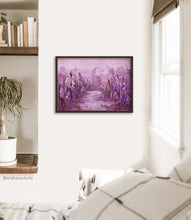 Load image into Gallery viewer, An example of a thin neutral brown frame over the original oil painting Vineyard in Fog Montecarlo Tuscany is shown in this boho bedroom scene mockup, art by painter and sculptor Kelly Borsheim
