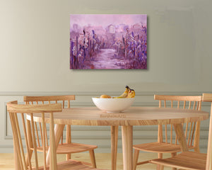 Perhaps surprisingly, this purple, red, and white painting looks great in this dining room of natural wood furniture and a pale green wall.  home decor at its finest. artwork by Kelly Borsheim and BorsheimArts