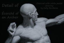 Load image into Gallery viewer, Detail of the charcoal and black pastel [to increase tonal range] drawing on Italian paper, showing the head and one hand of the Écorché, the archer.  Note the subtlety and expert handling of the tone changes and anatomy model.
