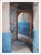 blue and white corridor architecture in Essaouira, Morocco