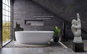 Elegant bathroom with grey stone walls and a large white bathtub, one large window on left, with stone sculpture Fish Lips, and Gymnast, live with art
