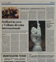 Load image into Gallery viewer, Sculpture image of Gymnast marble from the artist&#39;s site chosen by Italian journalist as the representational sculpture to announce an international stone carving symposium in Vellano, Tuscany, Italy. American artist Kelly Borsheim is named in the news article &amp; in the photo caption as participating in this art event.
