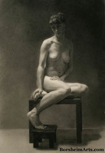 Ilaria ~ Original Classical Study Charcoal Drawing of Nude Woman Seated Peacefully