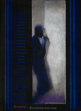 Load image into Gallery viewer, La Pausa Pastel Figure Silhouette Painting Restaurant Server Takes a Break by the backlit door of the kitchen Black Paper Art
