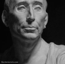 Load image into Gallery viewer, Detail of Face subtle tones Niccolò da Uzzano Portrait after Donatello Charcoal and Pastel on Grey Paper Portrait Art
