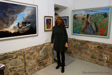Load image into Gallery viewer, The artist at her solo show Stories including the Persephone painting in Pescia Tuscany Italy
