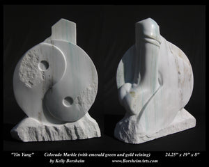 Front and back views of Yin Yang Marble Sculpture Erotic Statue Green Gold Veining Marble Sculpture