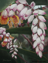 Cargar imagen en el visor de la galería, Raindrops on Shell Ginger Flowers Original Pastel Painting on Green Paper
