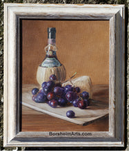 Charger l&#39;image dans la galerie, Chianti Wine, Cheese, and Grapes Still Life Oil Painting Framed
