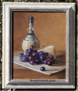 Chianti Wine, Cheese, and Grapes Still Life Oil Painting Framed
