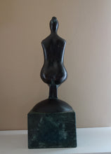 Load image into Gallery viewer, Back view, sleek lines, Pregnancy, a female pregnant mamma squatting with legs together in a graceful, elegant pose, bronze figure statue, mounted on a green marble base, tabletop sculpture by Vasily Fedorouk, Ukrainian - American sculptor artist
