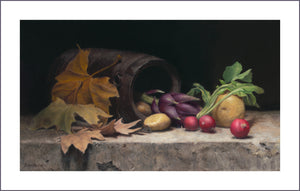 "Artichoke, Radishes, Potatoes, and Leaves" Print on Fine Art Paper with white border for easier framing. Art by artist Kelly Borsheim