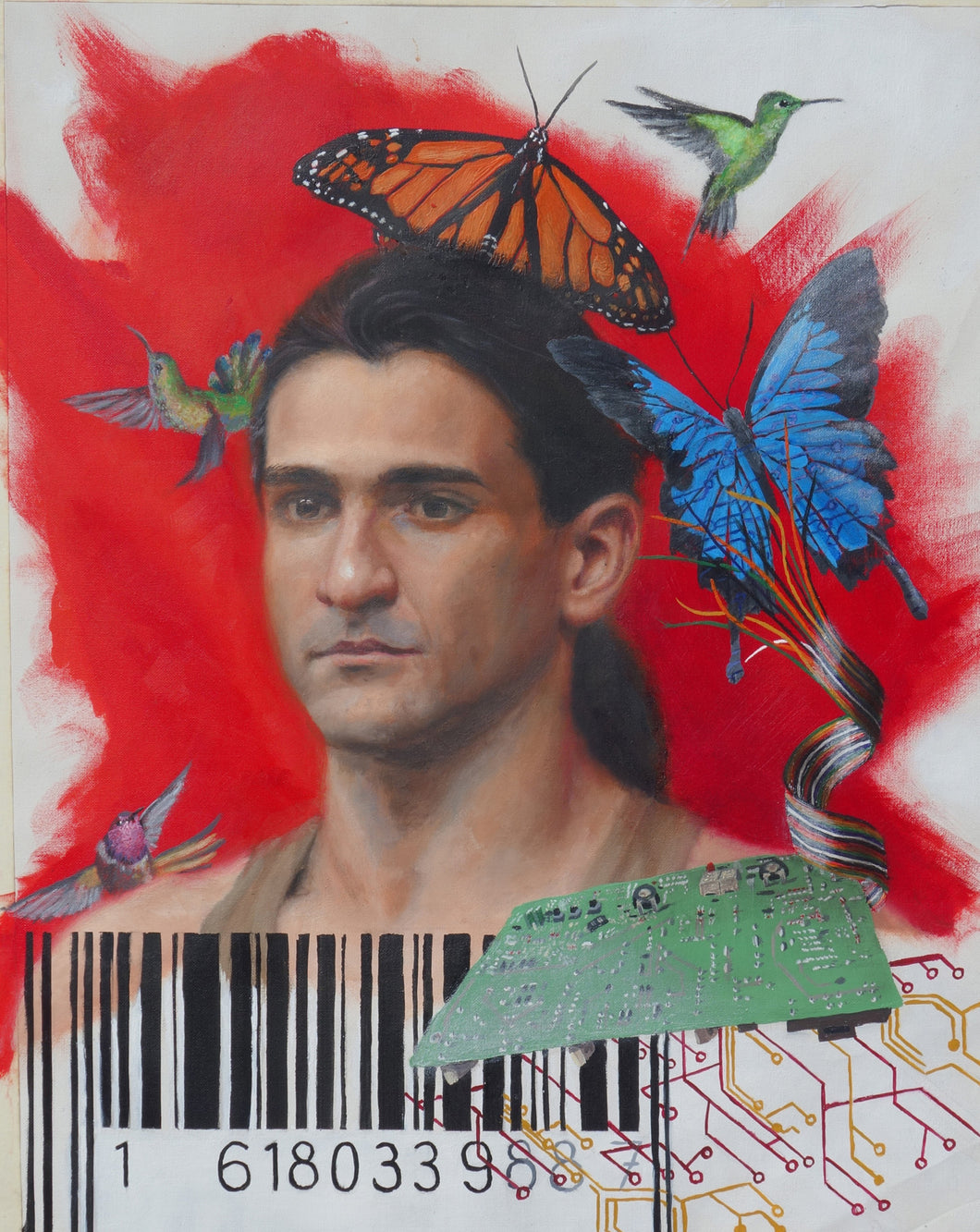 Back to Nature (Must Get) Dazed Man Dreams of Escaping Technology to Fly with Hummingbirds and Butterflies Mixed Media Painting Collaboration 2 Artists