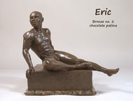 Eric Bronze Male Nude Art Sculpture Seated Thinking Man Muscular Build Statue Chocolate Patina