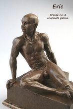 Cargar imagen en el visor de la galería, Eric Bronze Male Nude Art Sculpture Seated Thinking Man Muscular Build Statue Chocolate Patina

