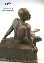 Carica l&#39;immagine nel visualizzatore di Gallery, Side View Eric Bronze Male Nude Art Sculpture Seated Thinking Man Muscular Build Statue Chocolate Patina
