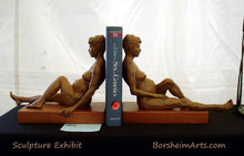 Load image into Gallery viewer, Expecting Twins bronze and wood bookends.  Great gift idea for maternity themes, as well as gifts for twins, especially twin mothers or twin babies.  Functional sculpture art by Kelly Borsheim
