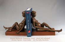 Cargar imagen en el visor de la galería, Expecting Twins bronze and wood bookends. Great gift idea for maternity themes, as well as gifts for twins, especially twin mothers or twin babies. Functional sculpture art by Kelly Borsheim
