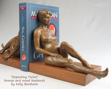 Cargar imagen en el visor de la galería, Expecting Twins bronze and wood bookends.  Great gift idea for maternity themes, as well as gifts for twins, especially twin mothers or twin babies.  Functional sculpture art by Kelly Borsheim
