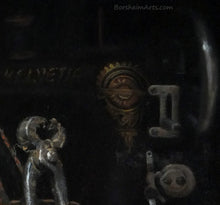 Charger l&#39;image dans la galerie, Detail Sewing Machine in Dark Background Shadows Detail Shoes Still Life Painting Tools Sewing Machine Old Letters Realism Art
