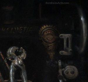 Detail Sewing Machine in Dark Background Shadows Detail Shoes Still Life Painting Tools Sewing Machine Old Letters Realism Art